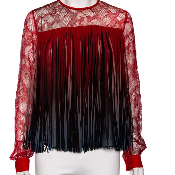 Elie Saab Red Ombre Lace & Fringed Top